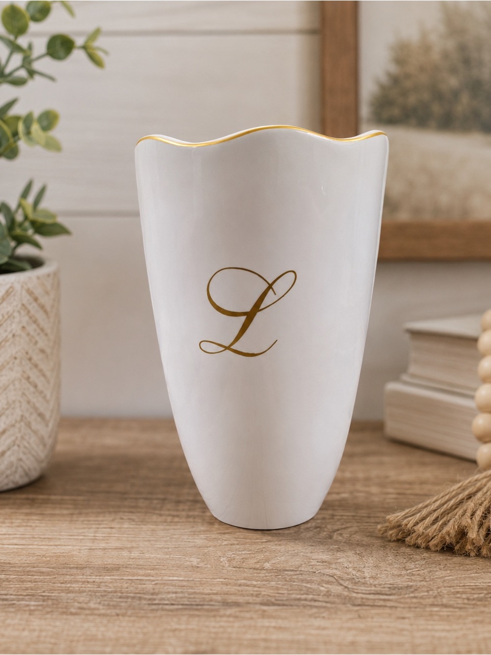 Mark & Graham 10” White Ceramic Monogram L Vase Gold Trim Scalloped Decor